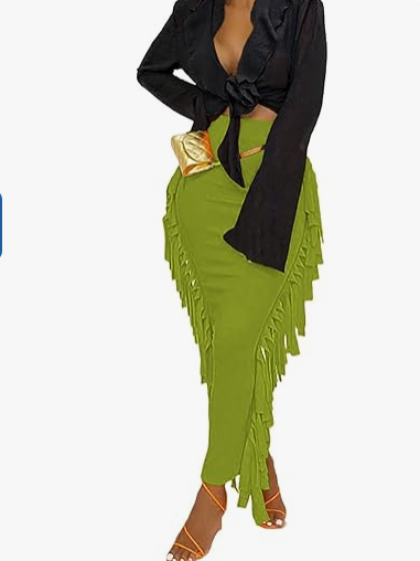 Women High Waist Sides Tassel Bodycon Maxi Skirt