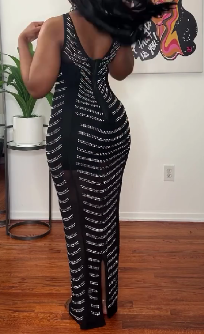 Women's Sexy Rhinestone Mesh See Through Dress