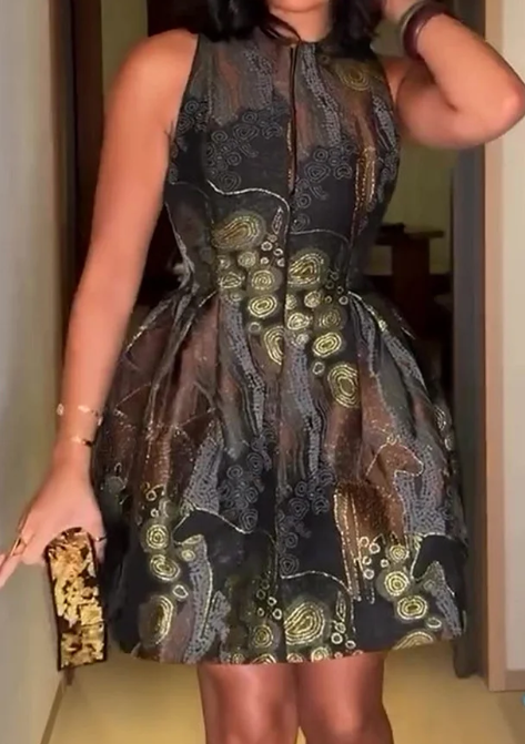 Pattern Print Round Neck Sleeveless A-Line Mini Dresses