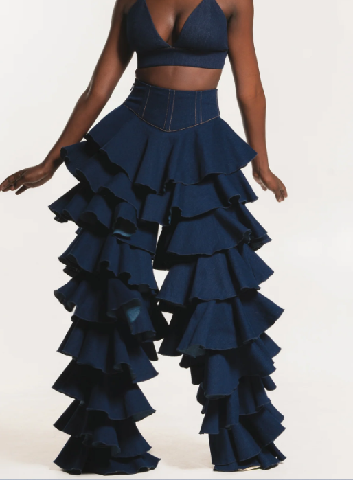Denim Ruffle Pants