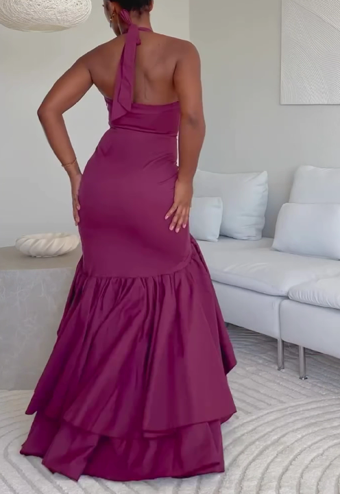 Halter Neck Slit Backless Ruffled Hem Slim Fit Long Dress