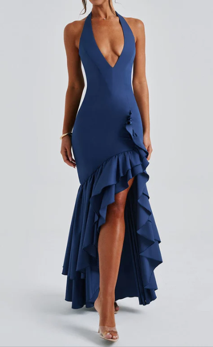 Halter Neck Slit Backless Ruffled Hem Slim Fit Long Dress