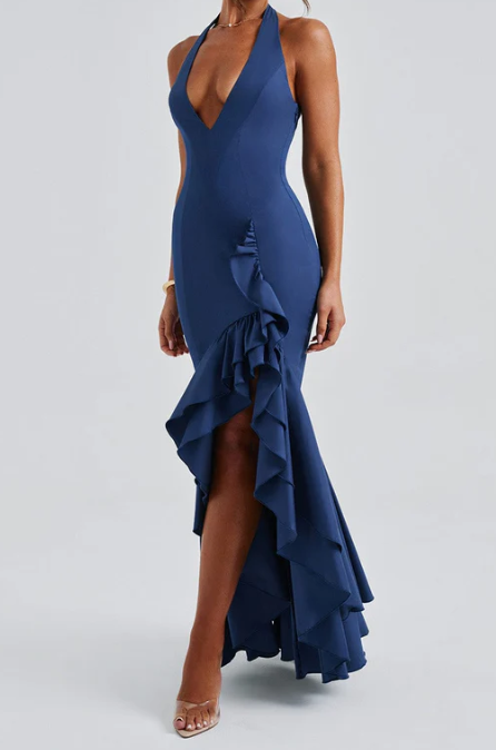 Halter Neck Slit Backless Ruffled Hem Slim Fit Long Dress