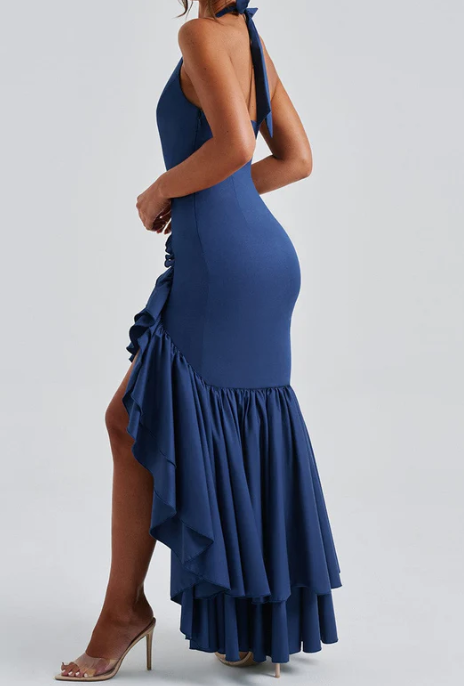 Halter Neck Slit Backless Ruffled Hem Slim Fit Long Dress