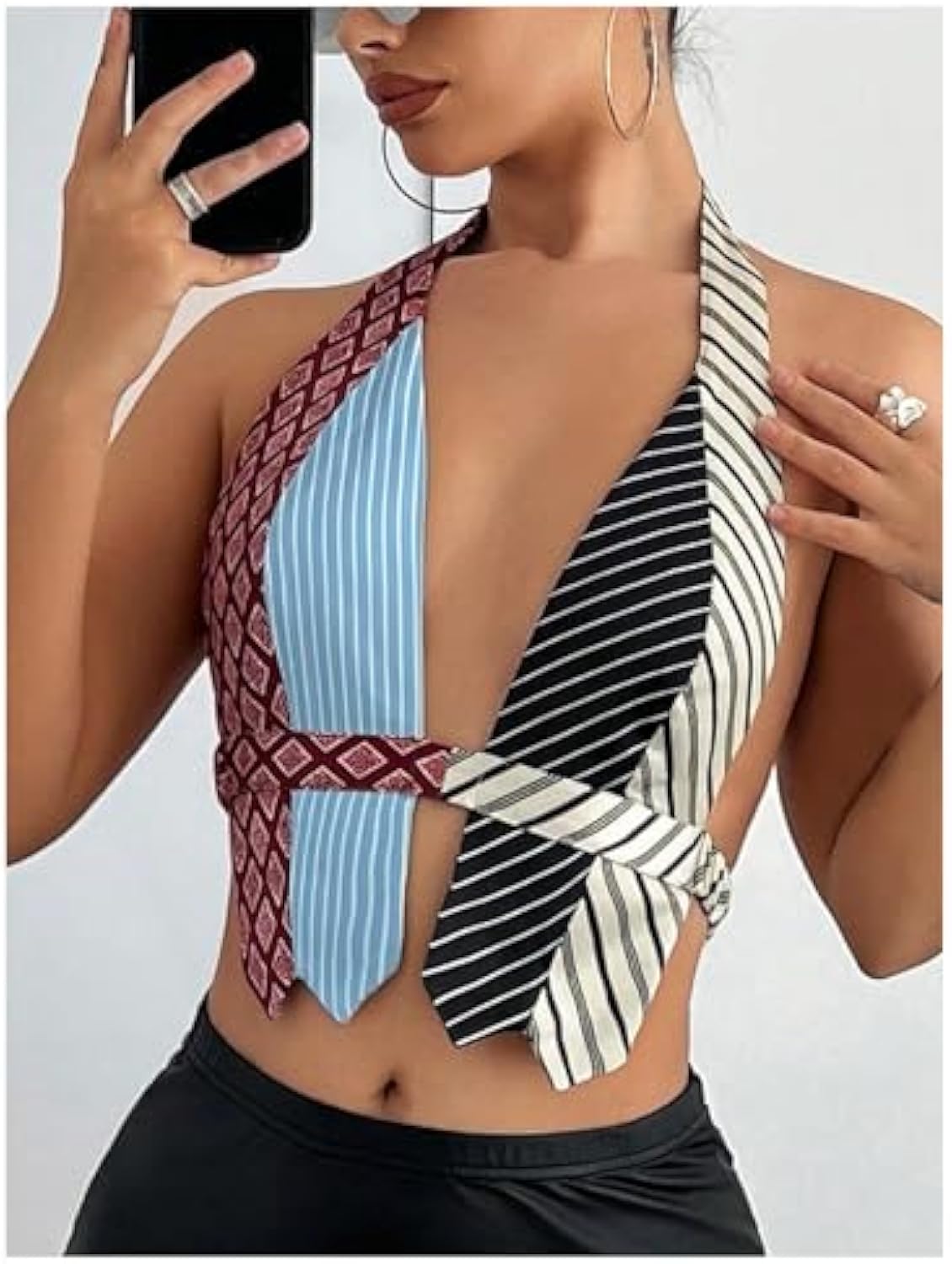 V-neck Pattern Fashion Striped Backless Top
