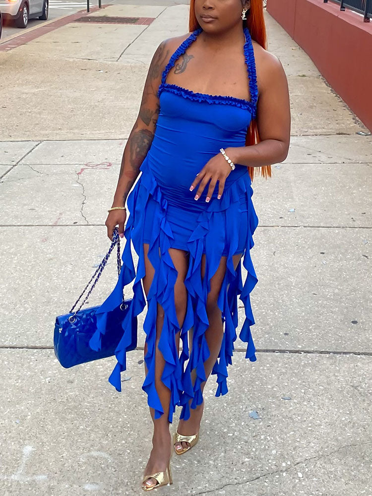 Fashion Sexy Ruffle Trim Halter Dress
