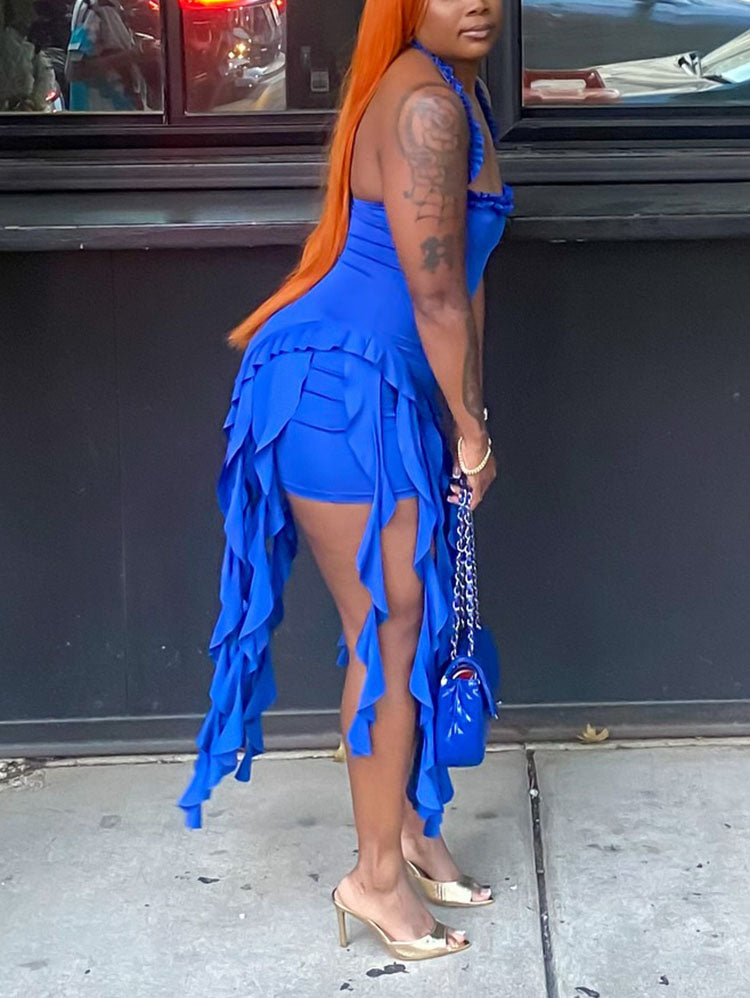 Fashion Sexy Ruffle Trim Halter Dress