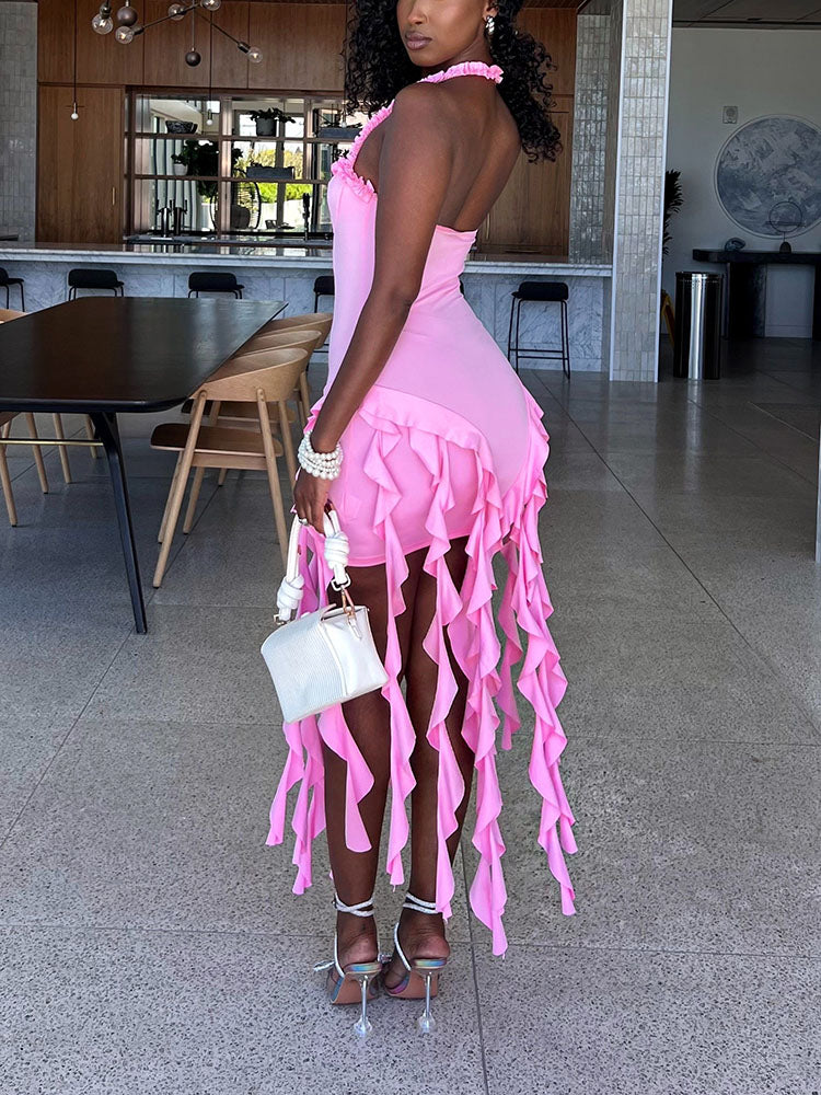 Fashion Sexy Ruffle Trim Halter Dress