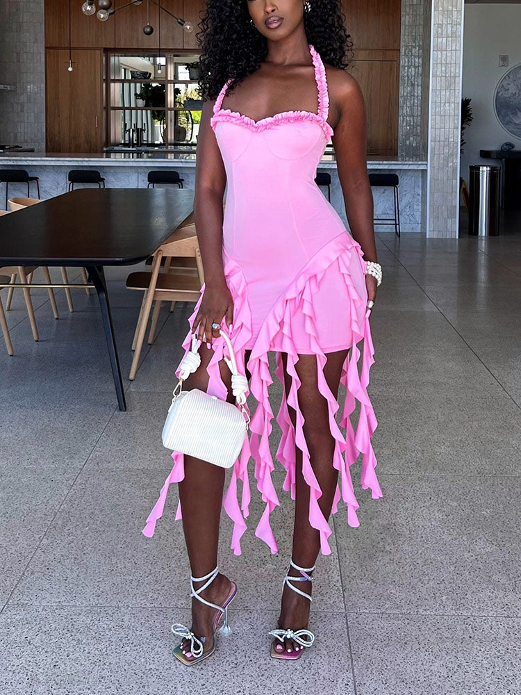 Fashion Sexy Ruffle Trim Halter Dress