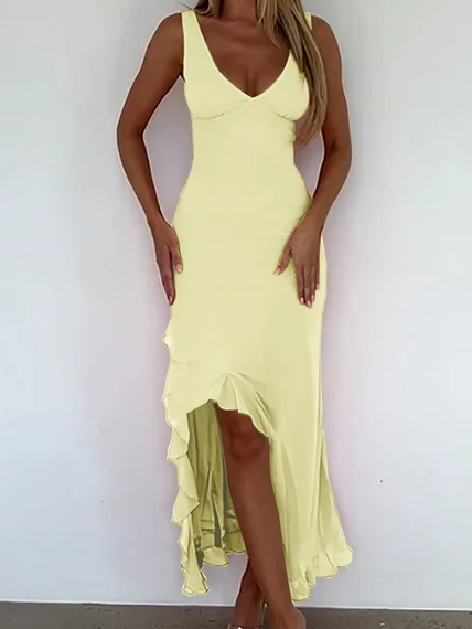 V Neck Sleeveless Ruffle Hem Maxi Dress