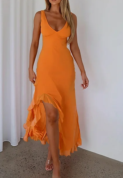 V Neck Sleeveless Ruffle Hem Maxi Dress