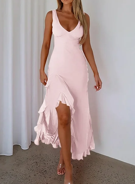 V Neck Sleeveless Ruffle Hem Maxi Dress