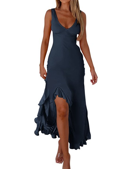 V Neck Sleeveless Ruffle Hem Maxi Dress