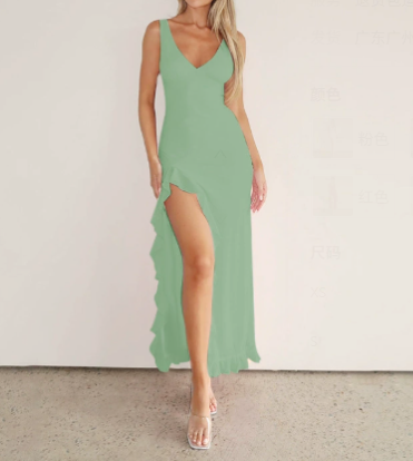 V Neck Sleeveless Ruffle Hem Maxi Dress