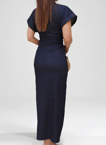 Denim Midi Dress With Pleated Waist