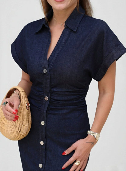 Denim Midi Dress With Pleated Waist