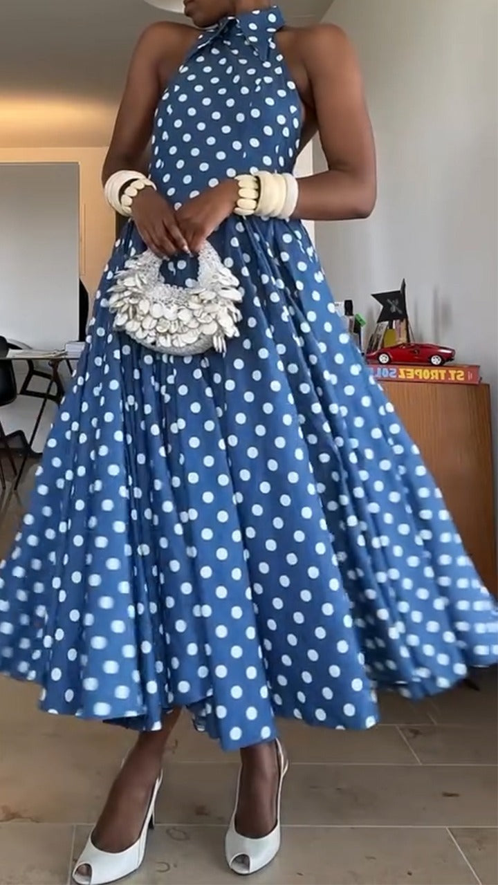 Round Neck Hollow Wave Dot Splicing Dress