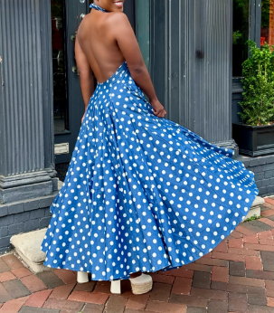 Round Neck Hollow Wave Dot Splicing Dress
