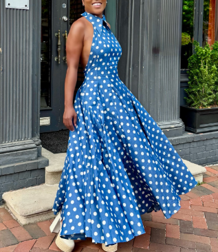 Round Neck Hollow Wave Dot Splicing Dress