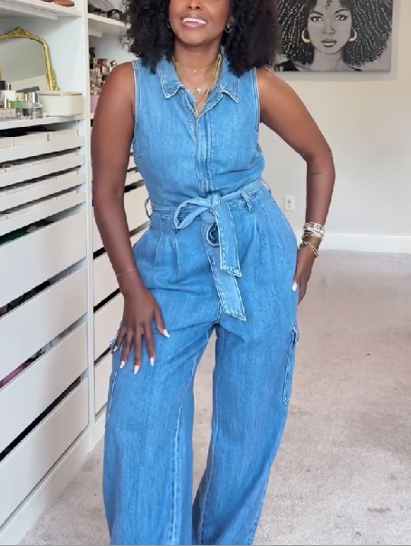 Sleeveless Lapel Denim Wide-leg Jumpsuit