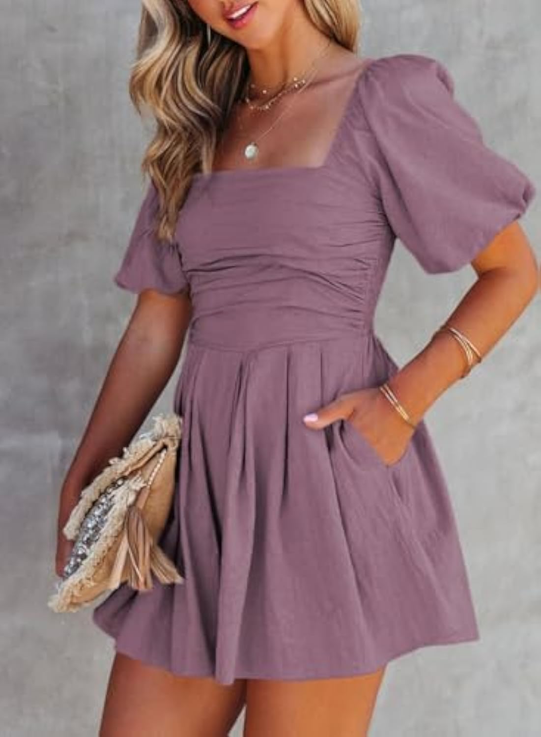 Puff Sleeve Elastic Square Neck Mini Short Romper with Pockets