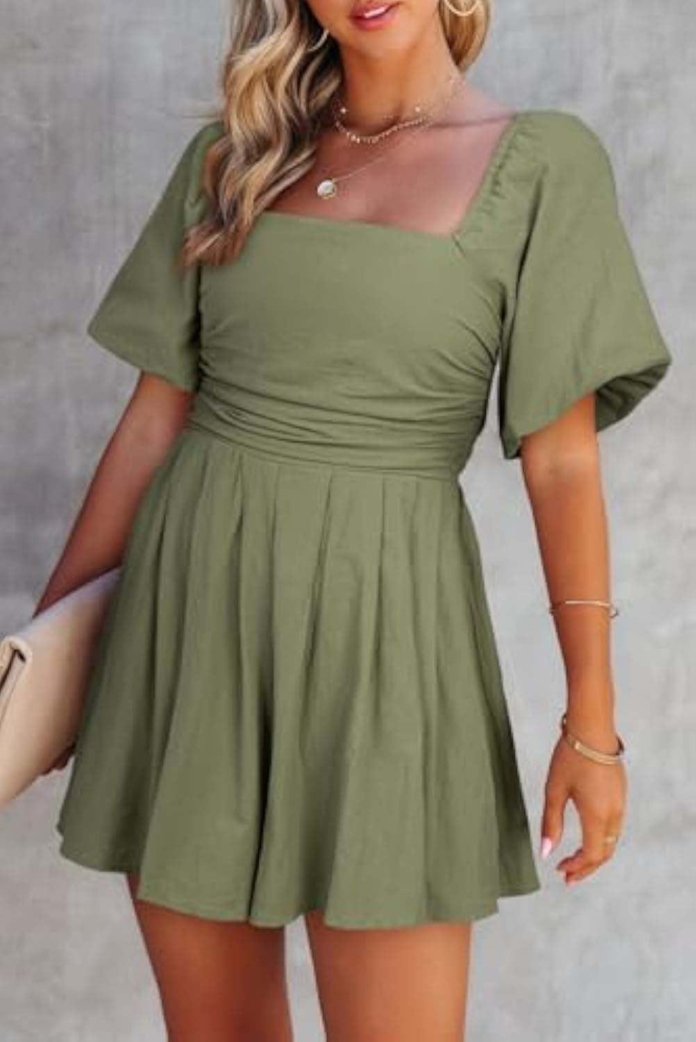 Puff Sleeve Elastic Square Neck Mini Short Romper with Pockets