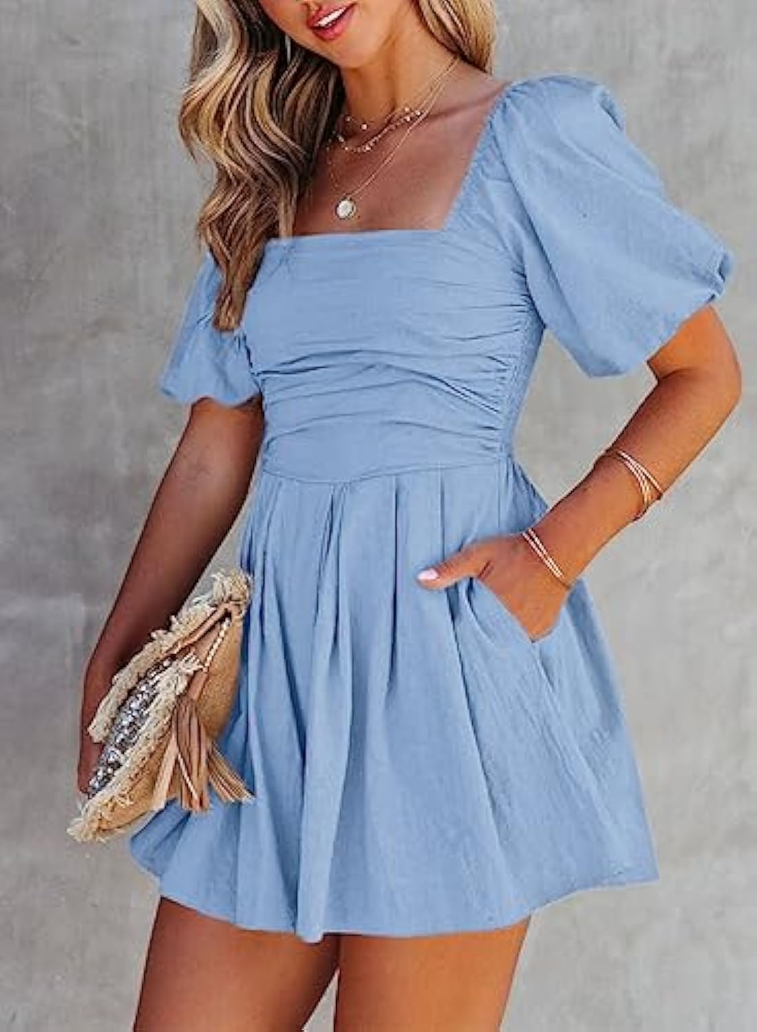 Puff Sleeve Elastic Square Neck Mini Short Romper with Pockets