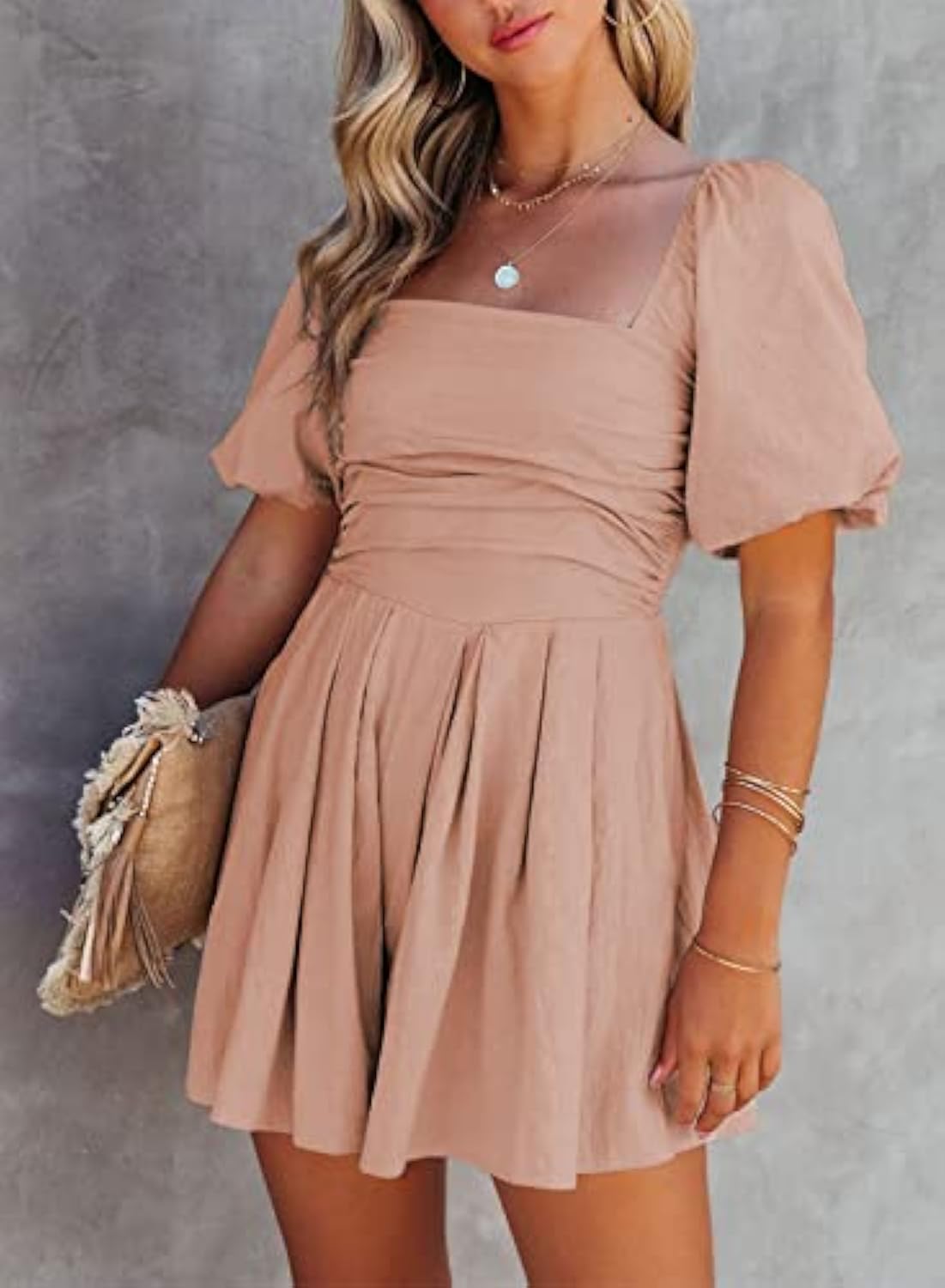 Puff Sleeve Elastic Square Neck Mini Short Romper with Pockets