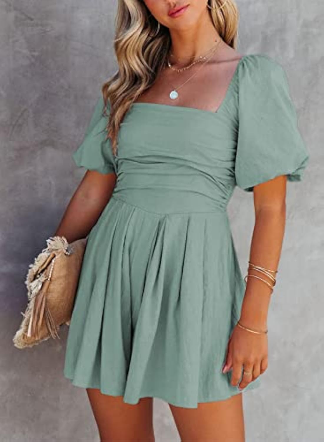 Puff Sleeve Elastic Square Neck Mini Short Romper with Pockets