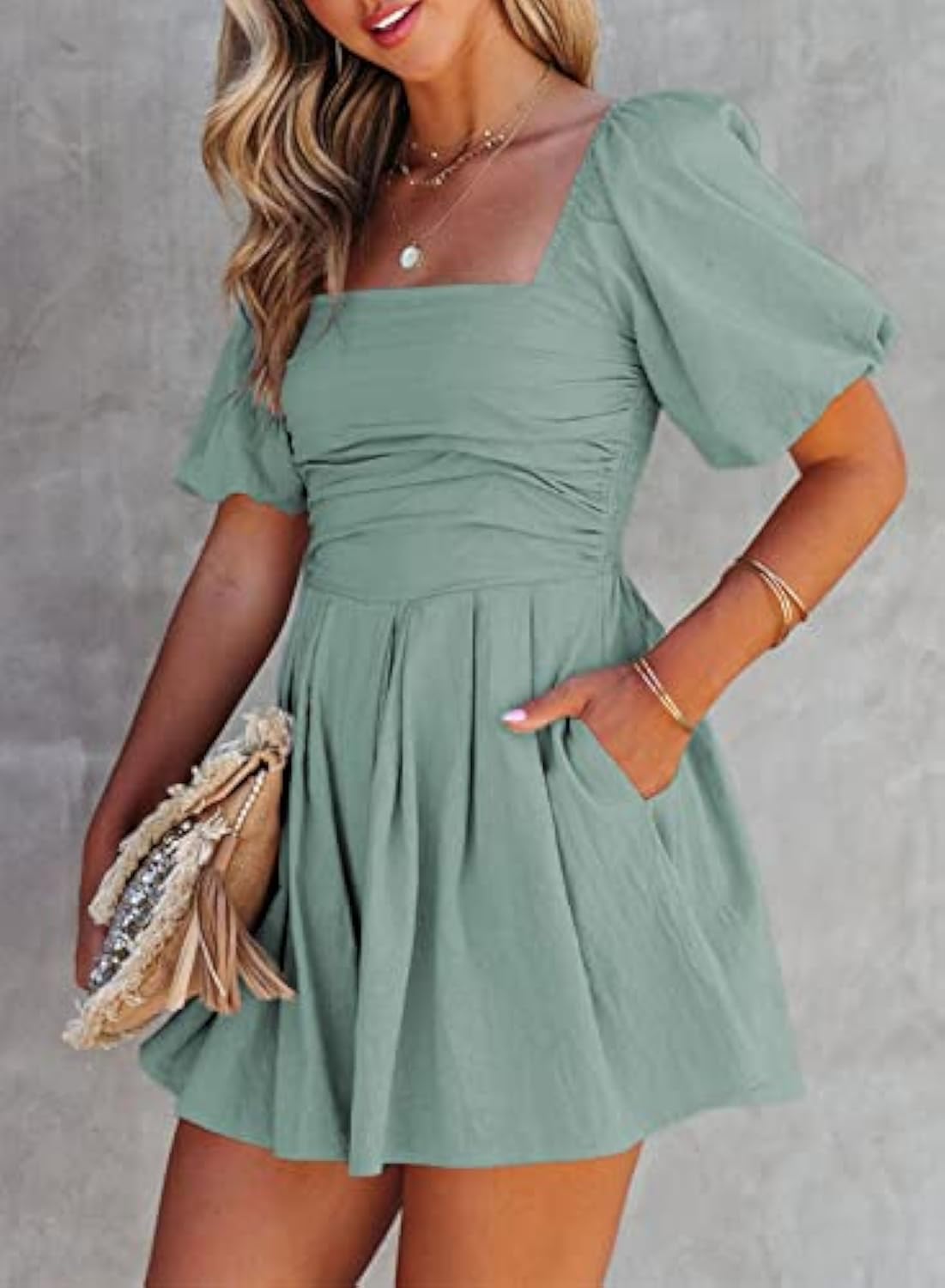Puff Sleeve Elastic Square Neck Mini Short Romper with Pockets