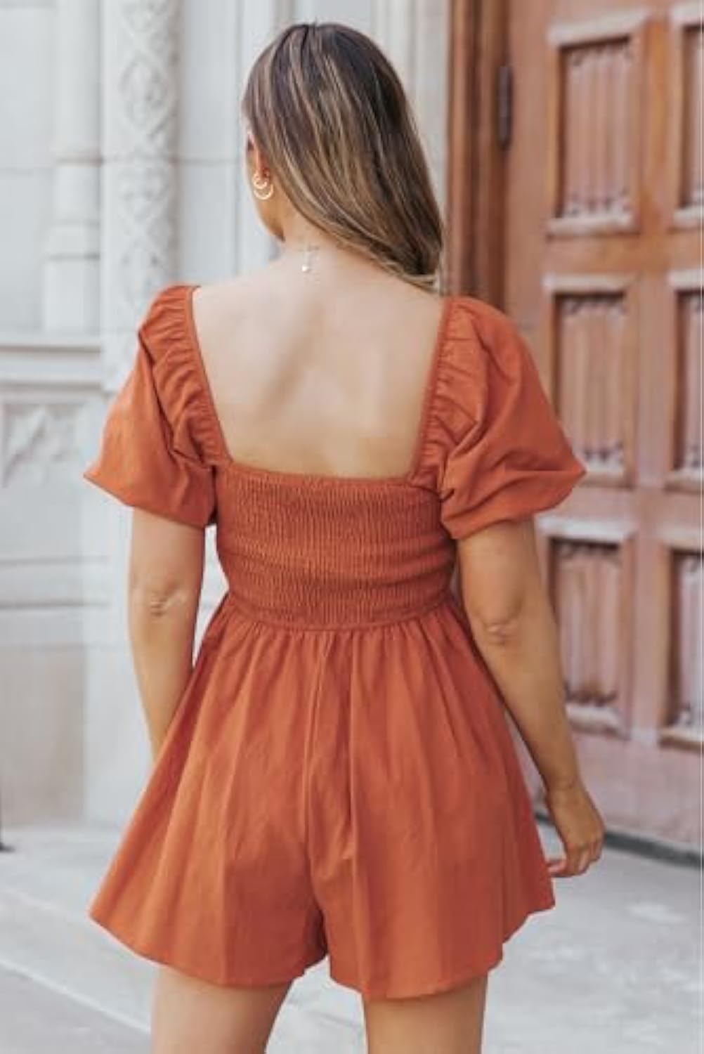 Puff Sleeve Elastic Square Neck Mini Short Romper with Pockets
