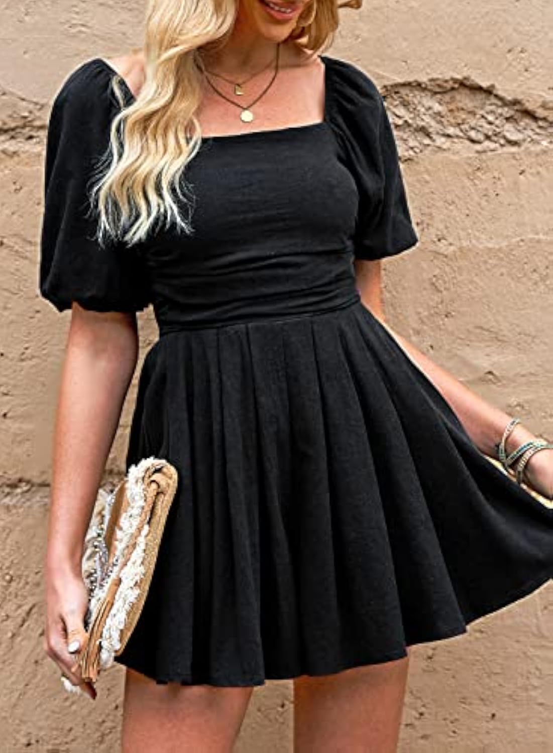 Puff Sleeve Elastic Square Neck Mini Short Romper with Pockets