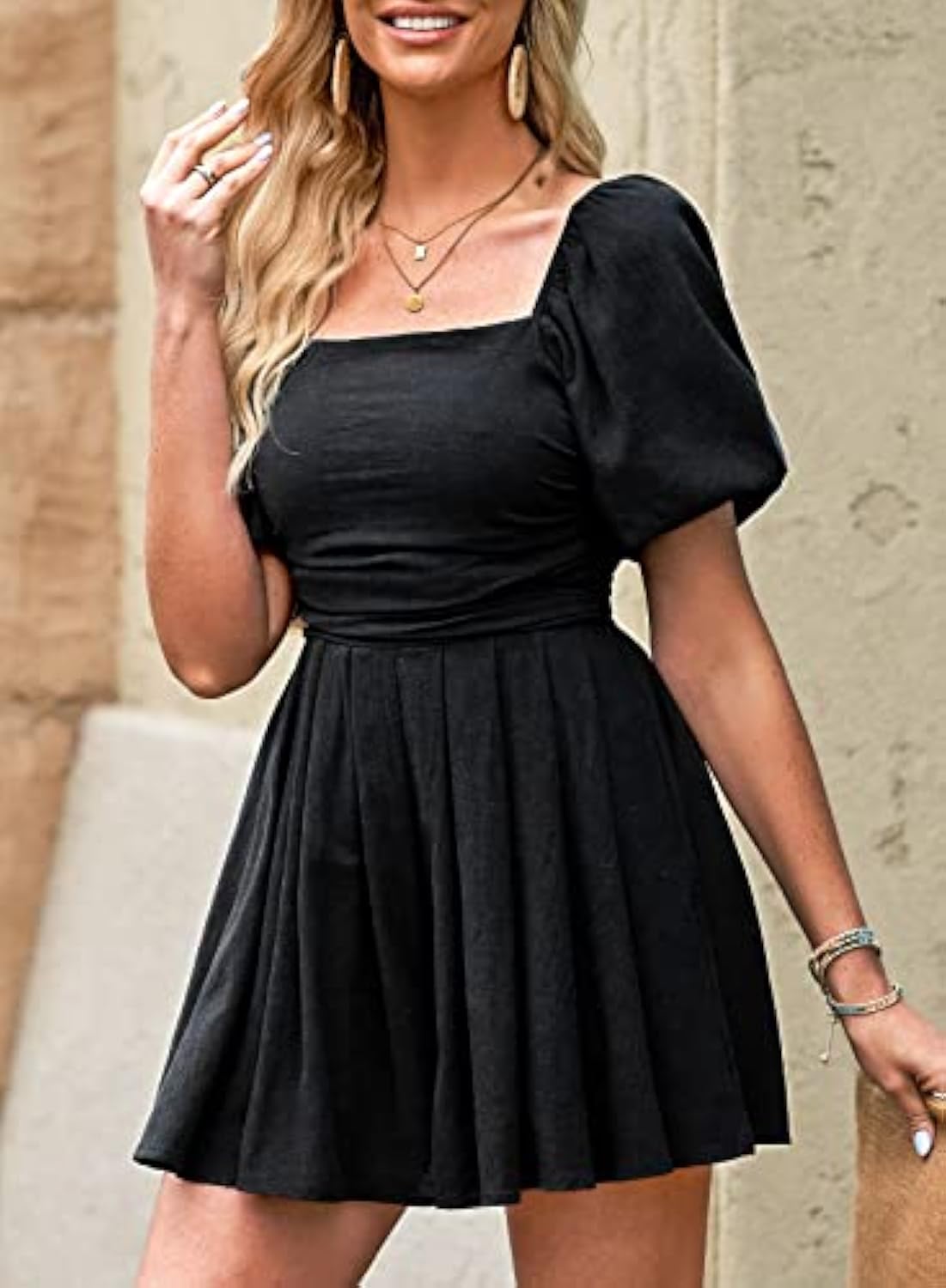 Puff Sleeve Elastic Square Neck Mini Short Romper with Pockets
