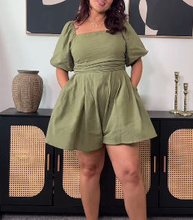 Puff Sleeve Elastic Square Neck Mini Short Romper with Pockets