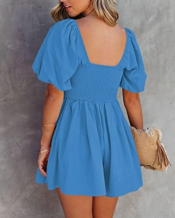 Puff Sleeve Elastic Square Neck Mini Short Romper with Pockets