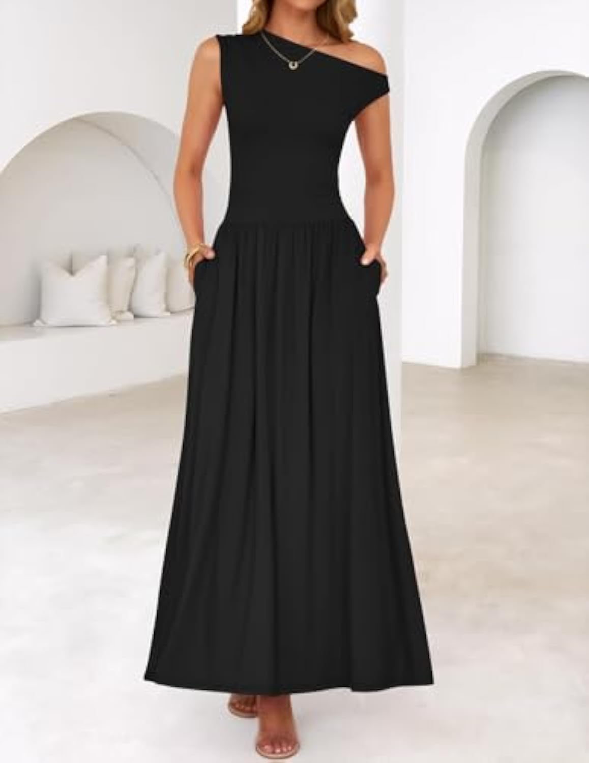 Sleeveless One Shoulder Casual Pleated Pocket Dress