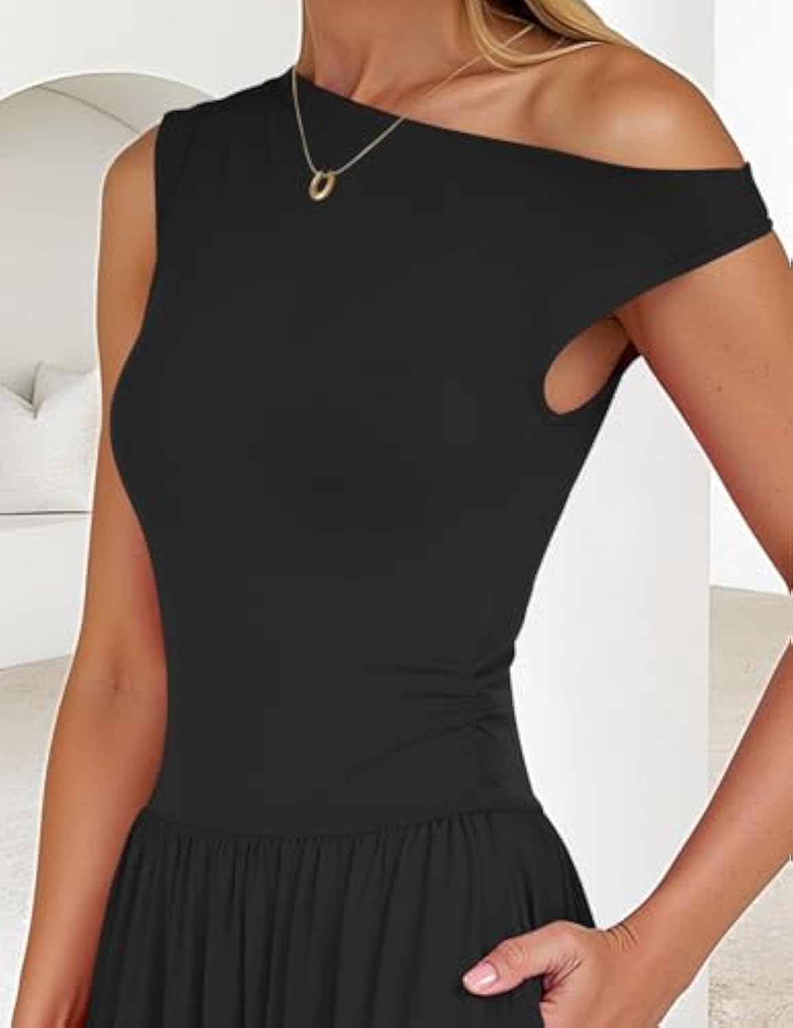 Sleeveless One Shoulder Casual Pleated Pocket Dress