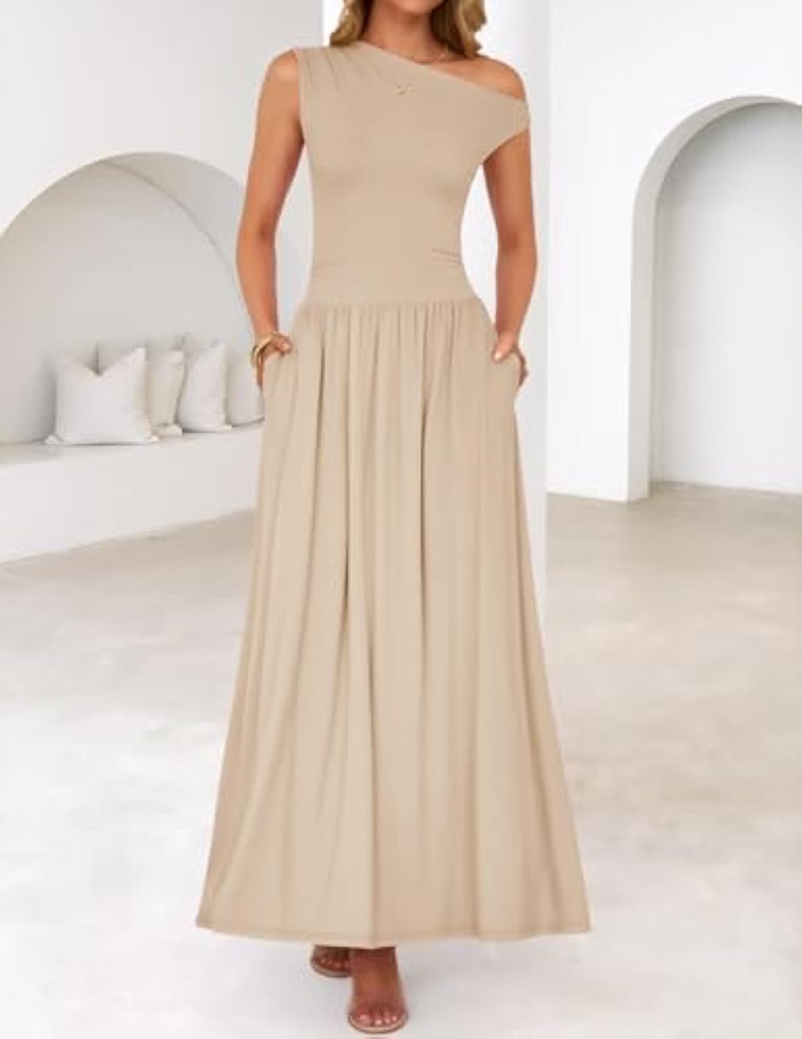 Sleeveless One Shoulder Casual Pleated Pocket Dress