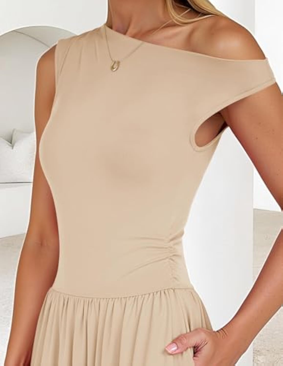 Sleeveless One Shoulder Casual Pleated Pocket Dress