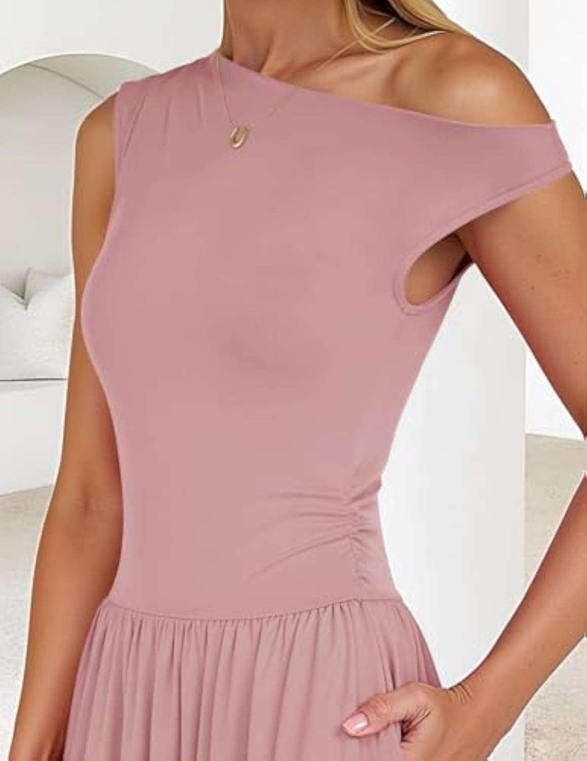Sleeveless One Shoulder Casual Pleated Pocket Dress