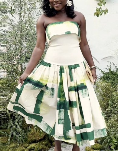 Tube Top Printed Sleeveless Waist Fit Midi Dress