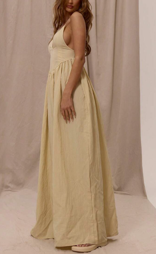 Thin Strap Plunge Front Dropped Waist Ruched Wide Leg Jumpsuit