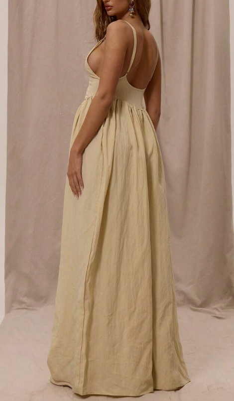 Thin Strap Plunge Front Dropped Waist Ruched Wide Leg Jumpsuit