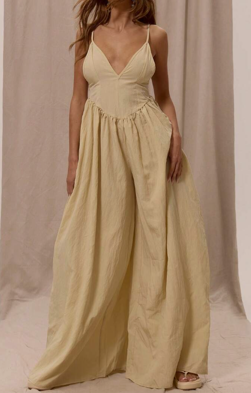 Thin Strap Plunge Front Dropped Waist Ruched Wide Leg Jumpsuit