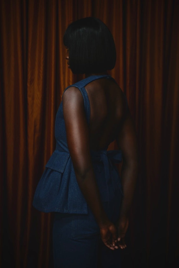 Backless Denim Peplum Top & Pant