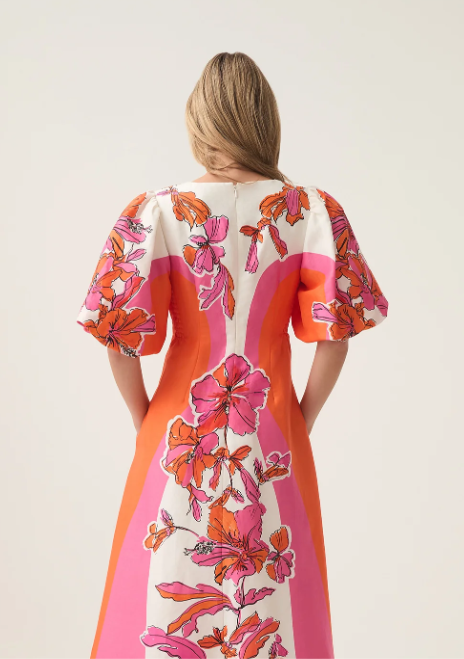 Puff Sleeve Printed Midi Dress