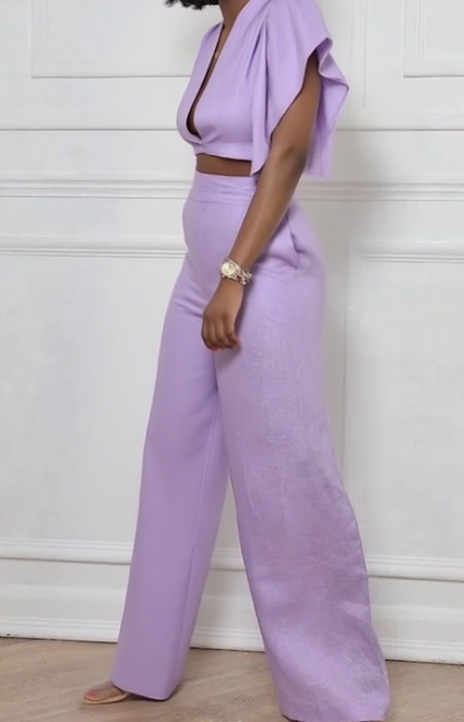 Deep V Ruffle Sleeve Top & Pant Set