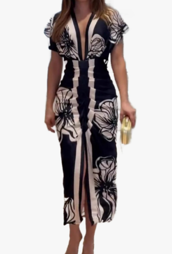 Print V Neck Short Sleeve Pleated High Waisted Slit Dress