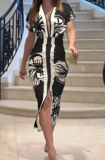 Print V Neck Short Sleeve Pleated High Waisted Slit Dress