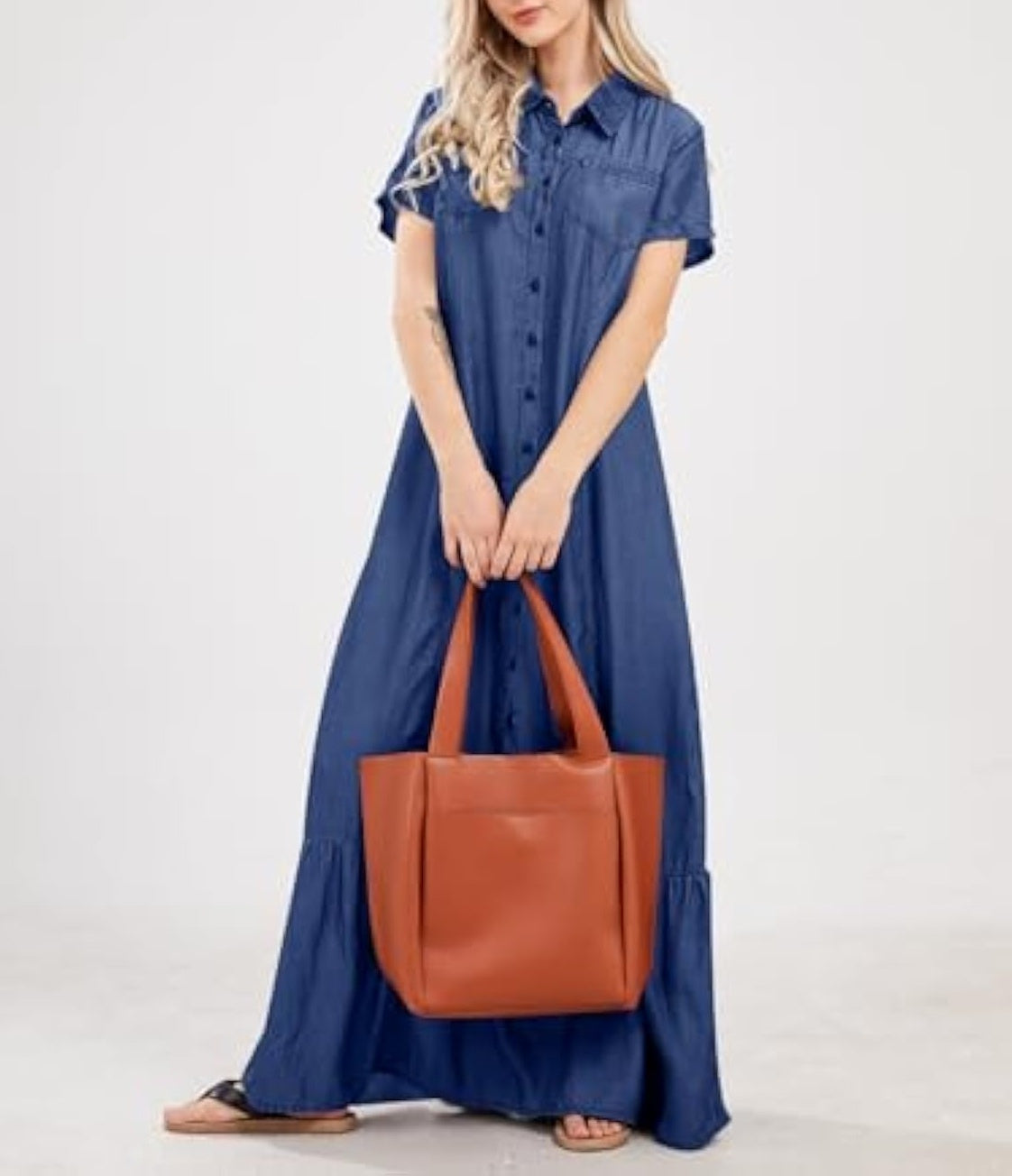 Loose Fit Button Down Long Denim Dress